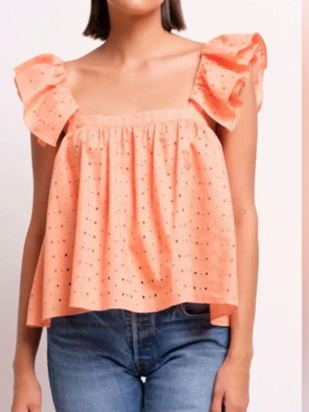 Katherine Kidd Sz M Blouse Juno P Flutter Sleeve Eyelet Peplum Top Peach Orange